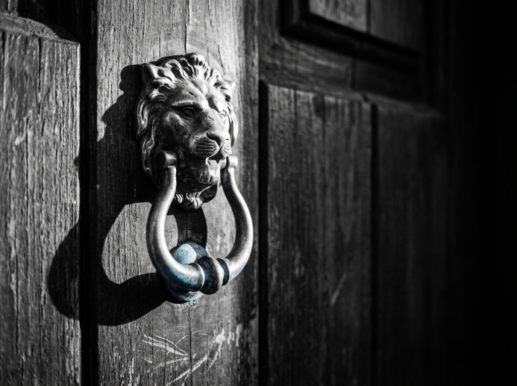 Door knocker on wooden door in morning sunlight — knowing where to apply pressure for deposit recovery 