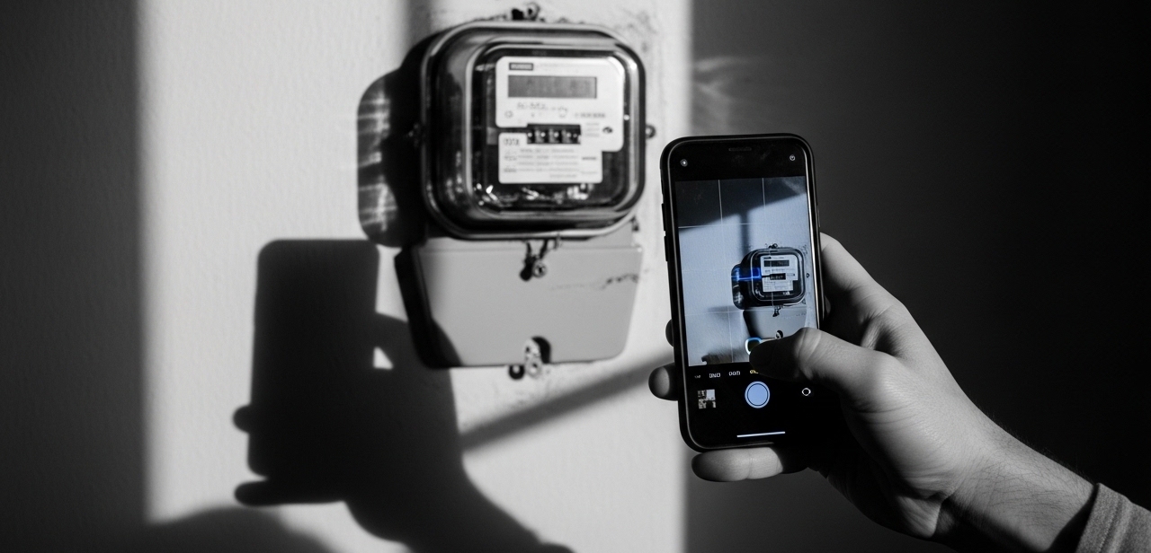 Hand holding phone documenting disconnected meter in morning sunlight — landlord cutting utilities BNS Section 503 India
