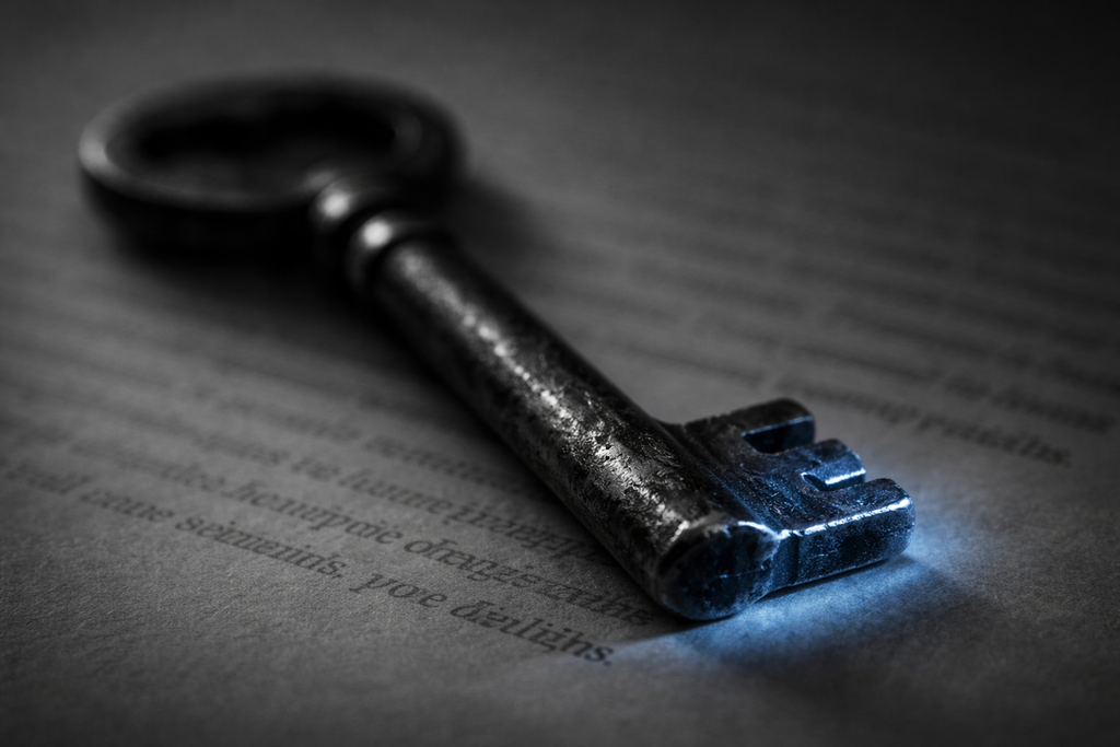 Close-up macro of a single door key placed on a legal document in stark black and white, with only the key’s teeth highlighted in cold blue, symbolizing the tension between personal freedom and binding legal agreements.