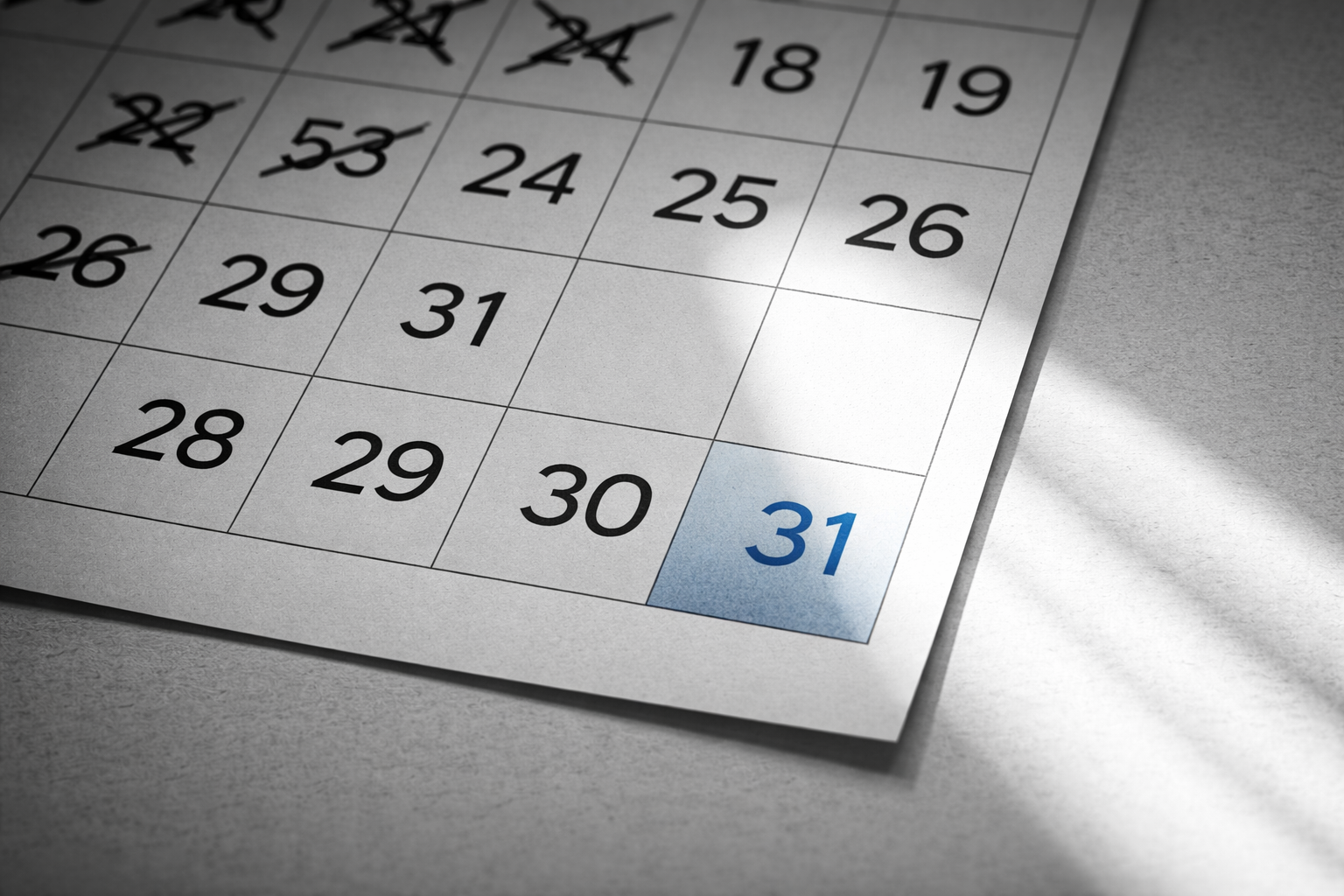 Calendar month in morning sunlight with final date highlighted in blue — TDS rent deadline India March
