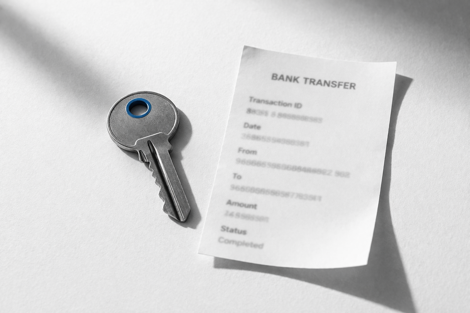  House key and bank transfer receipt on white surface in morning sunlight — HRA family rent proof India