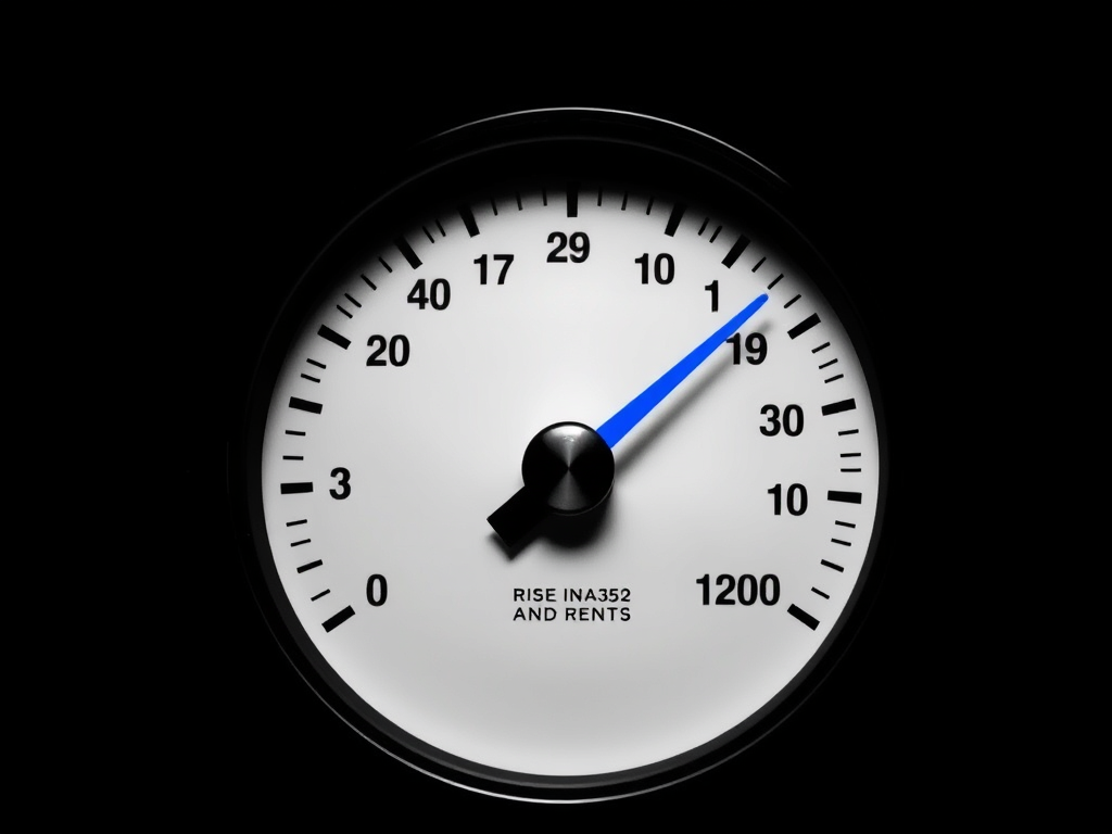Black and white macro close-up of an analog meter dial with needle pushed far right and blue highlighted needle tip representing India's 30 percent residential rent increase in 2025