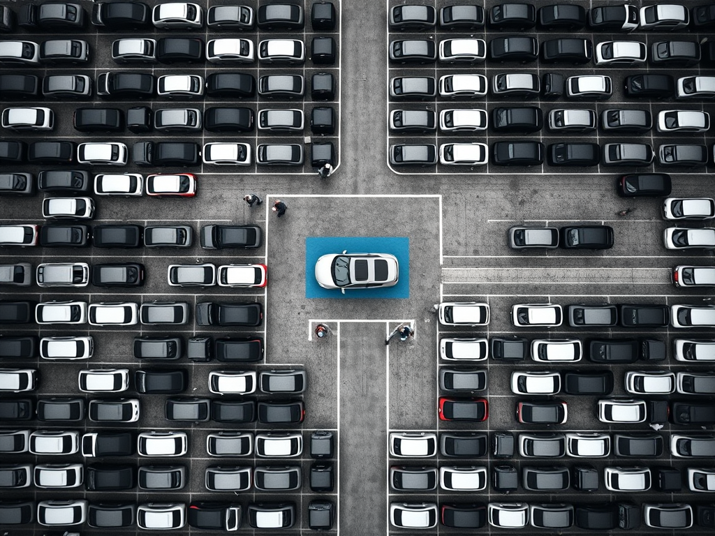 Black and white aerial top-down view of a densely packed tech park car park with one blue highlighted row representing the corporate workforce driving Bengaluru's rental price surge