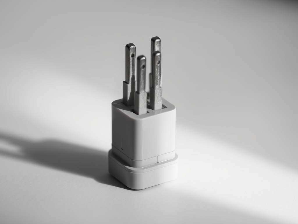 Black and white close-up of an unplugged electrical plug with blue highlighted pins on a white surface representing a landlord cutting electricity to a tenant during a dispute