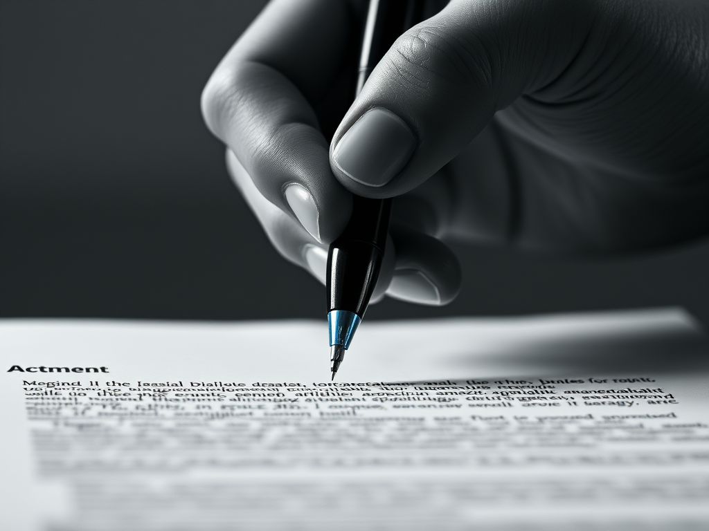 Black and white close-up of a hand holding a pen hovering above a rental agreement with blue highlighted gap between pen and paper representing the pause to ask questions before signing