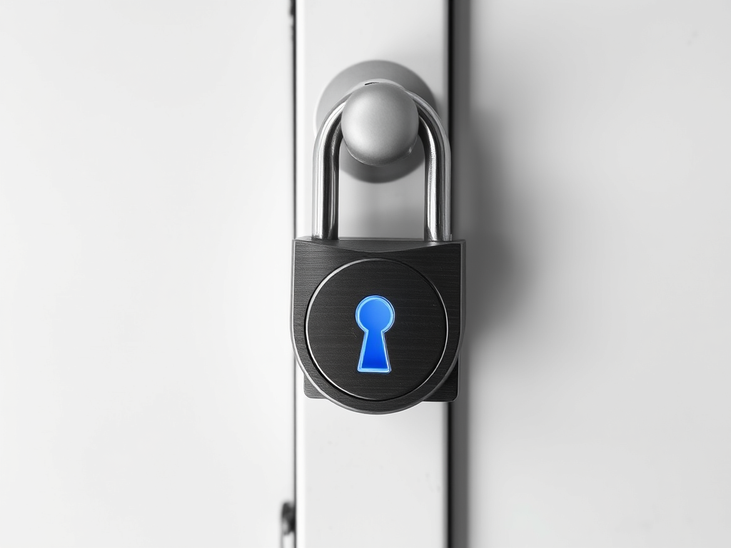 Black and white close-up of a closed padlock on a metal gate with blue highlighted keyhole representing a tenant locked out after paying a fake PG visiting fee