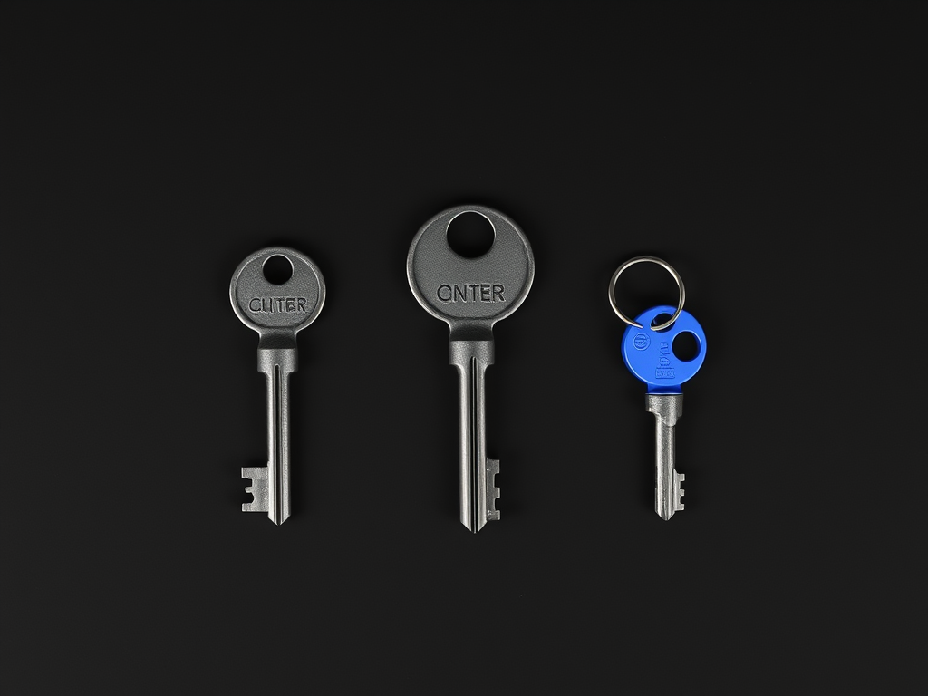 Black and white aerial view of three old skeleton keys of different sizes on a dark surface with the smallest blue highlighted representing the inheritance of tenancy rights across generations in the Rajasthan 77-year dispute