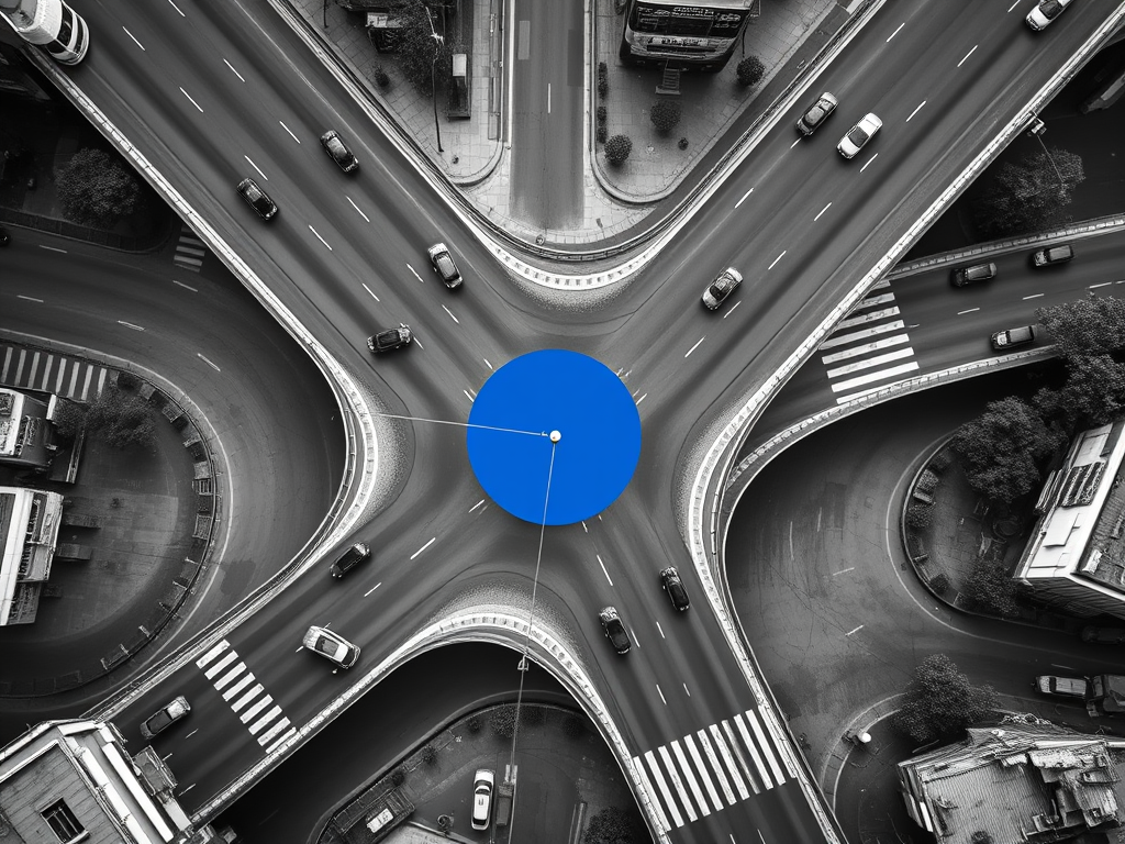 Black and white aerial view looking straight down at a Mumbai street intersection from a high floor with blue highlighted centre point representing the convergence of factors driving Mumbai's 2026 rental market