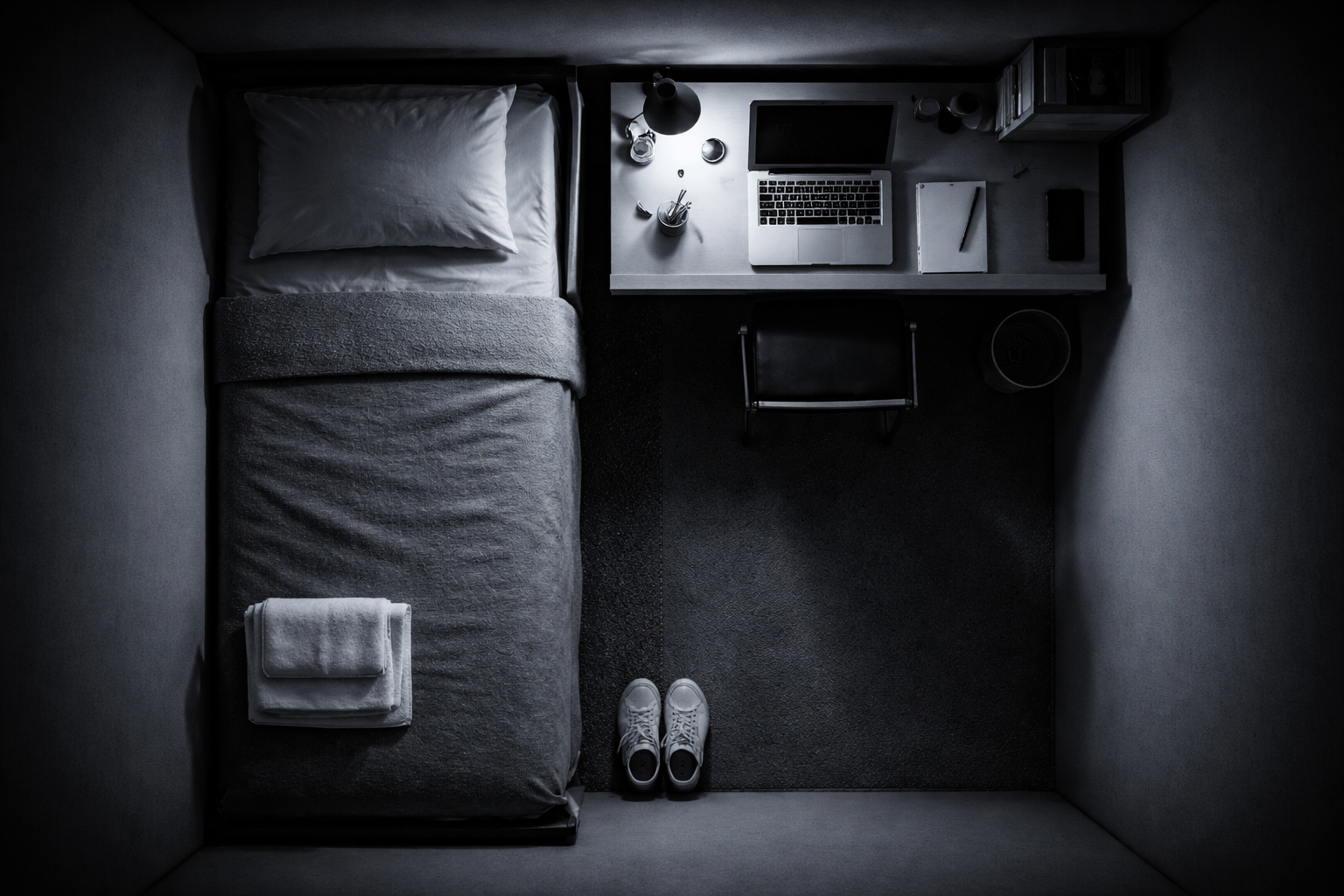 Minimalist black-and-white top-down view of a compact room with a bed, desk, and neatly arranged personal items, lit by a subtle cold blue light creating a geometric layout