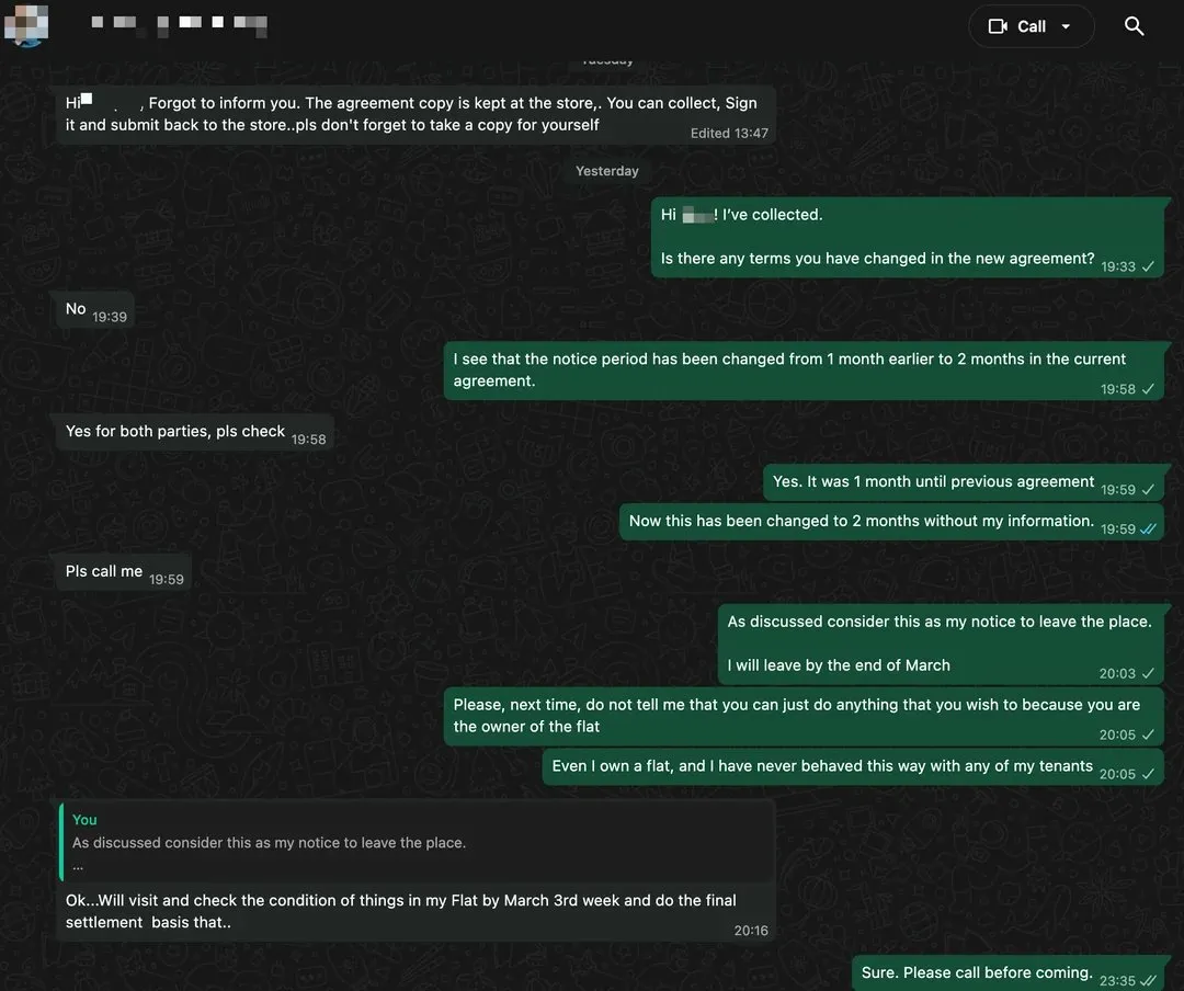 WhatsApp chat on phone in morning sunlight — landlord saying no changes to lease renewal Bangalore
