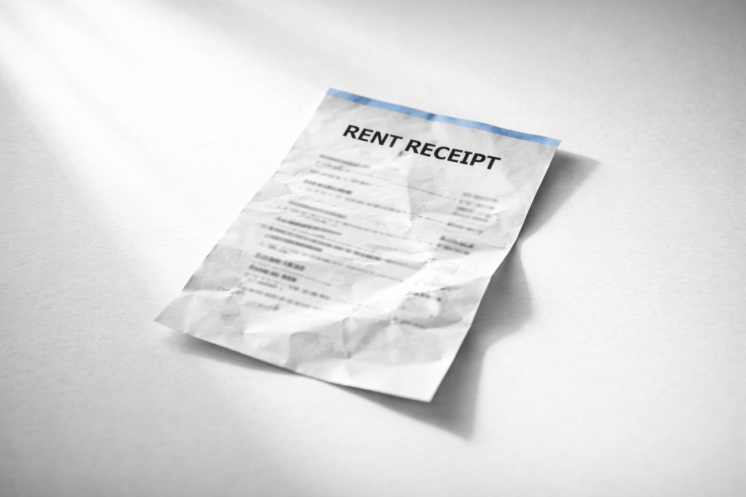 Crumpled rent receipt on white surface in morning light — importance of receipts for Indian tenant rights
