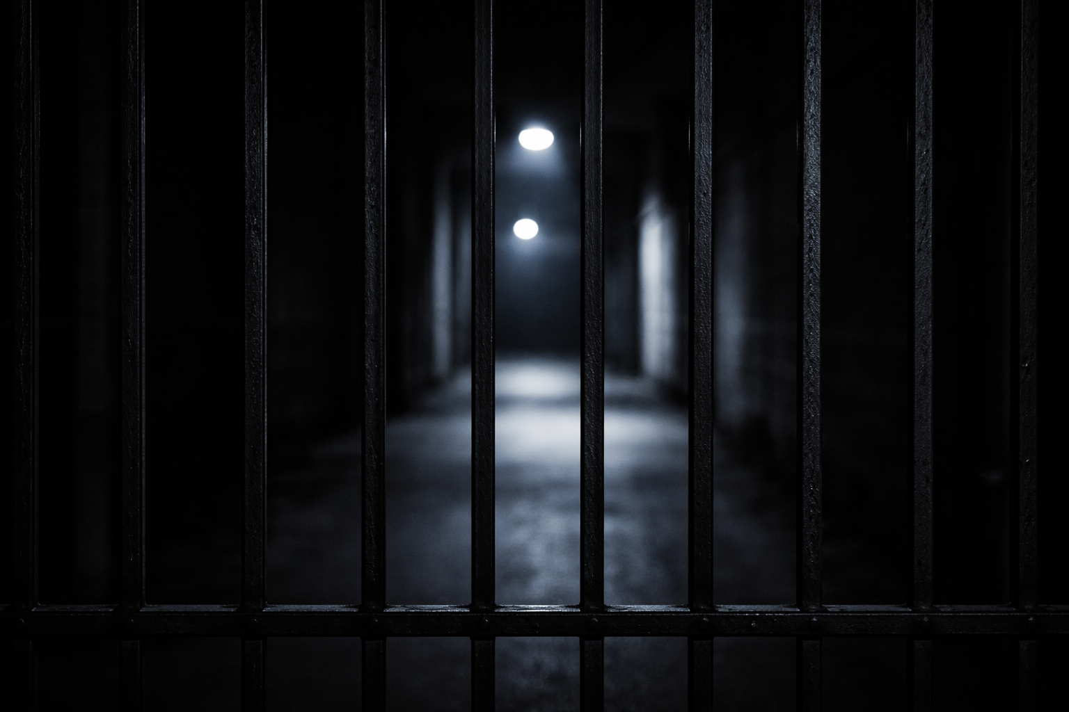 Minimalist black-and-white view through iron gate bars in sharp focus, with a softly lit empty pathway beyond in cold blue light creating a sense of distance and restriction