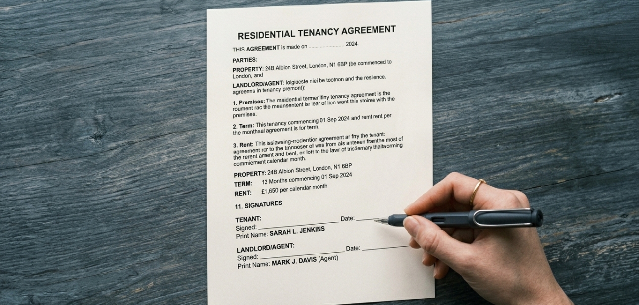 Close-up of printed tenancy agreement with a pen pointing at specific clauses