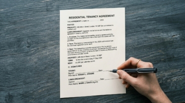 Close-up of printed tenancy agreement with a pen pointing at specific clauses