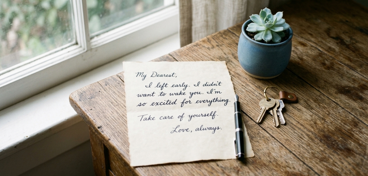 Handwritten vacating notice letter on desk with house keys