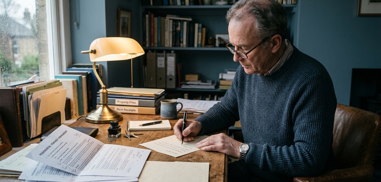 Landlord writing a rent increase letter at a desk with a tenancy agreement
