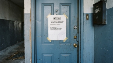 Locked apartment door with a notice paper taped to it