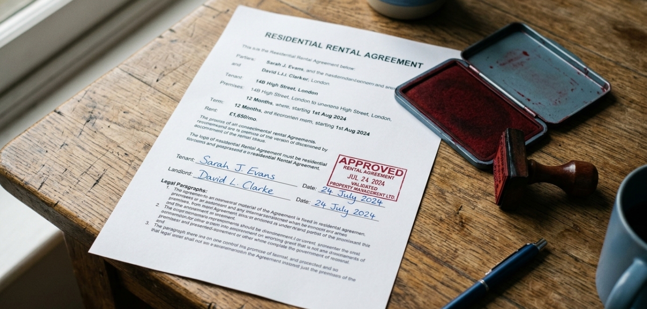 Stamped rental agreement document with ink pad on wooden surface