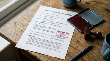 Stamped rental agreement document with ink pad on wooden surface