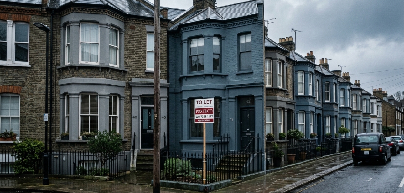London terraced houses with a rental sign in front