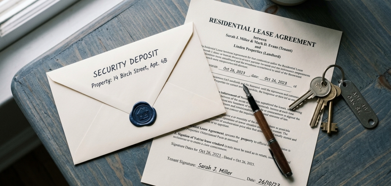 Envelope labelled security deposit beside a lease agreement and house keys