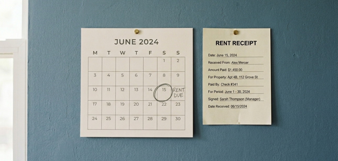 Calendar with circled date and printed rent receipt on a wall