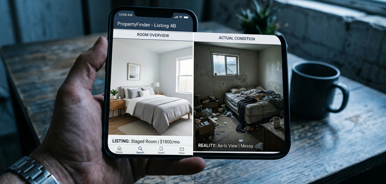 Smartphone showing fake PG listing next to a real run-down room