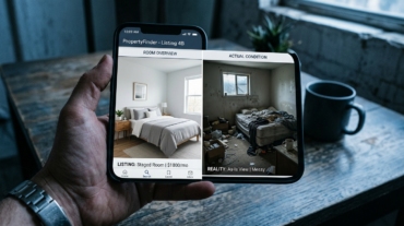 Smartphone showing fake PG listing next to a real run-down room