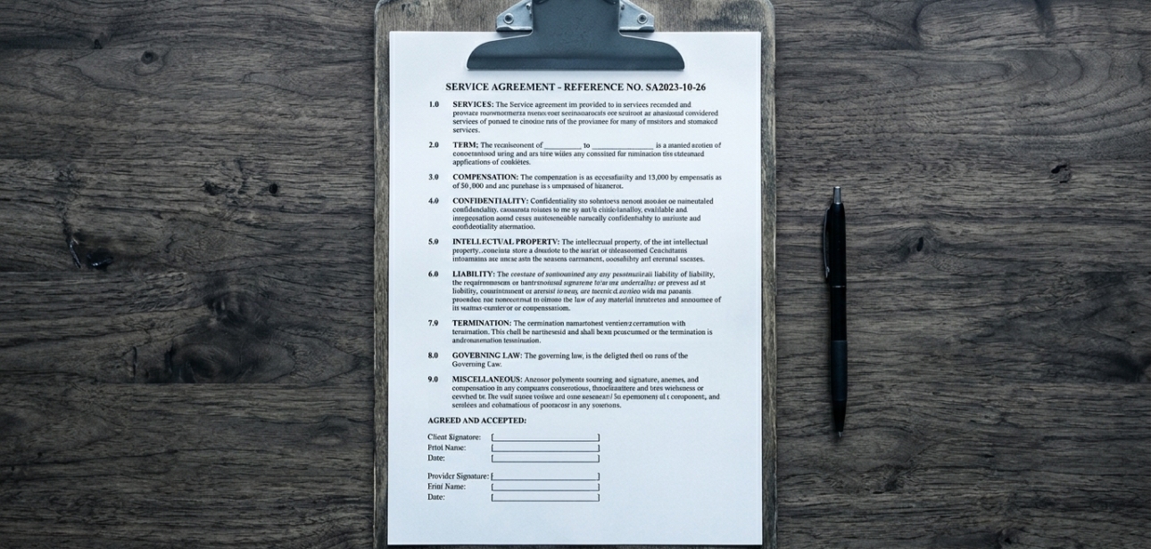 Formatted rental agreement document on clipboard on a wooden desk