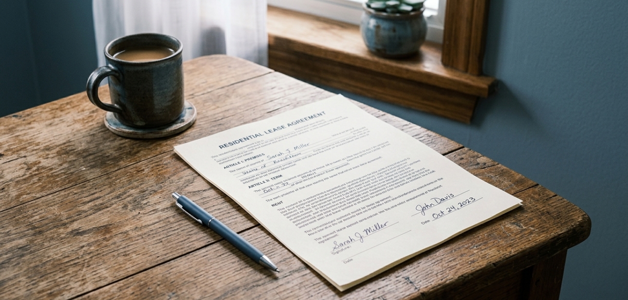 Printed rent agreement document on a wooden table with a pen