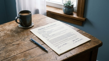 Printed rent agreement document on a wooden table with a pen