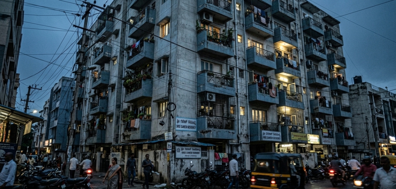 Bengaluru apartment building facade at dusk from street level
