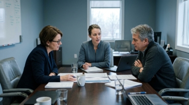 Two people in discussion across a table with documents, mediation setting