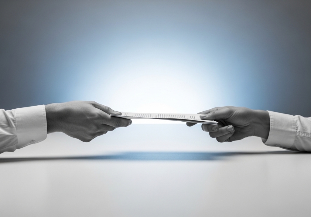 Two hands exchanging a document