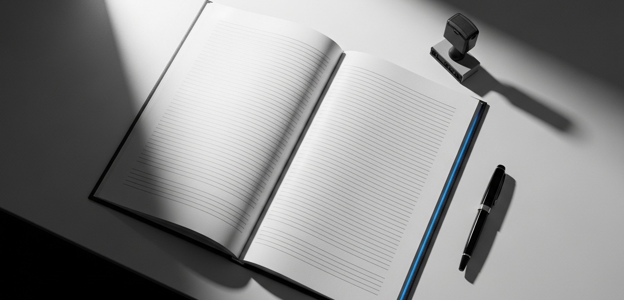 Open notebook with pen and stamp