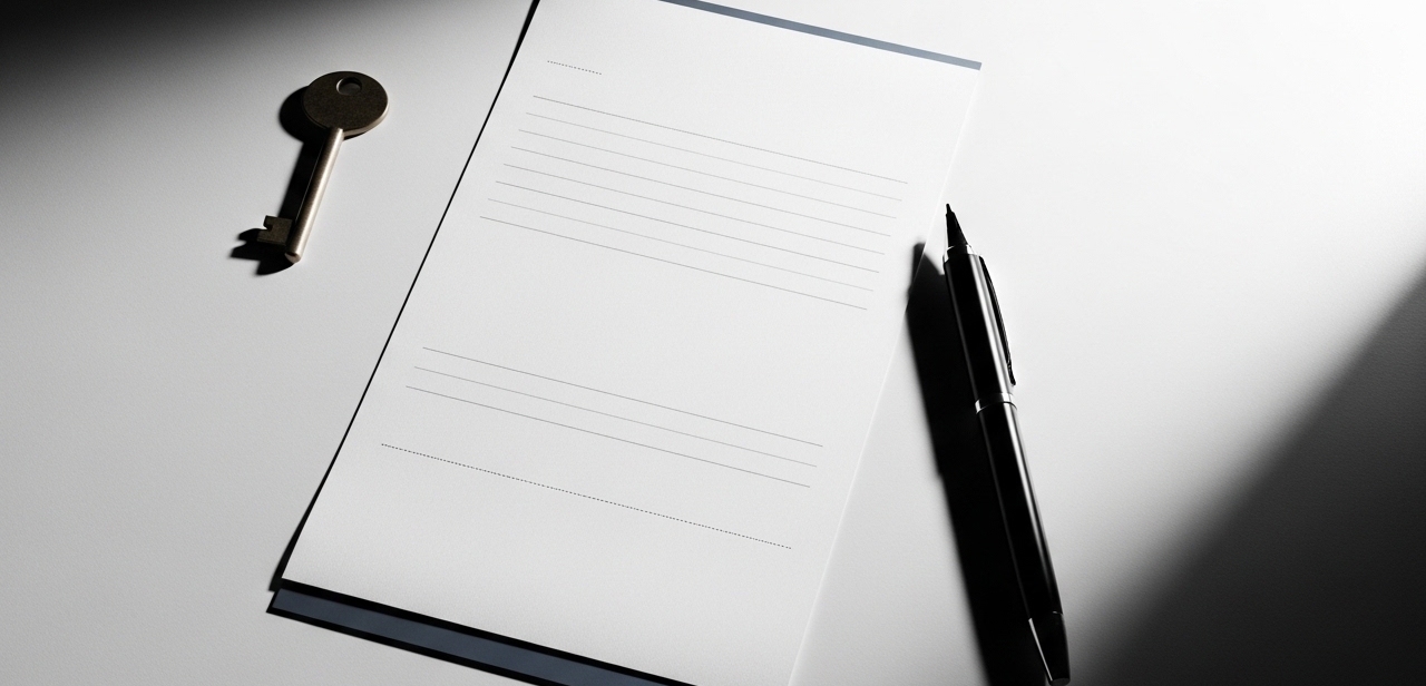 Blank notepad with pen and key