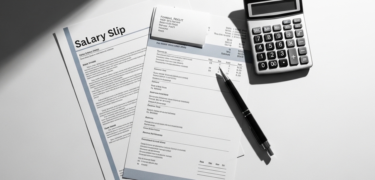 Salary slip and calculator on table